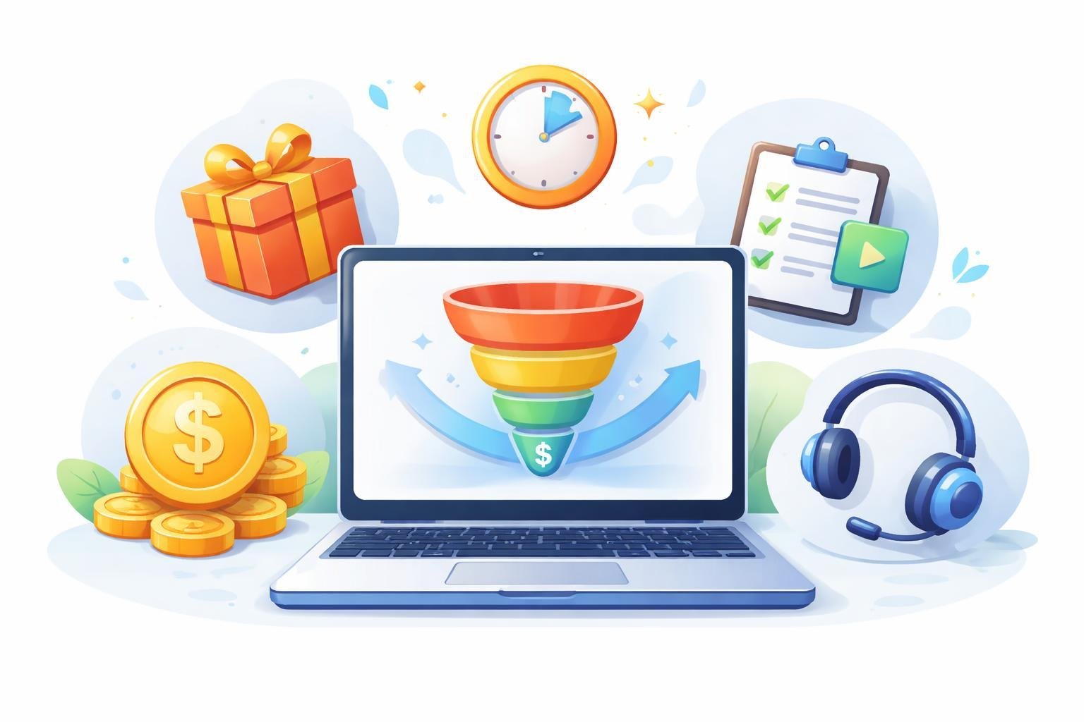 A laptop showing a sales funnel surrounded by icons of a gift box, checklist, clock, dollar sign, and headset representing different types of bonuses.