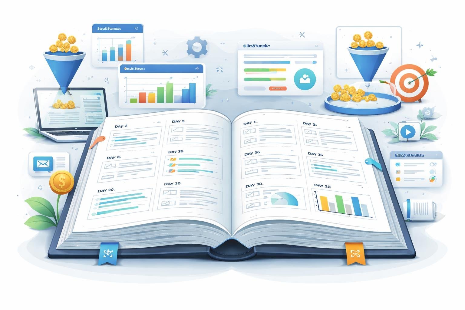 An open book with numbered pages from 1 to 30 surrounded by symbols of digital marketing and sales funnels, illustrating a structured 30-day guide.