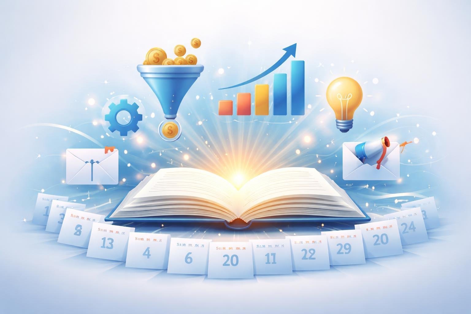An open book surrounded by icons of funnels, charts, gears, and lightbulbs with calendar pages indicating a 30-day learning journey.