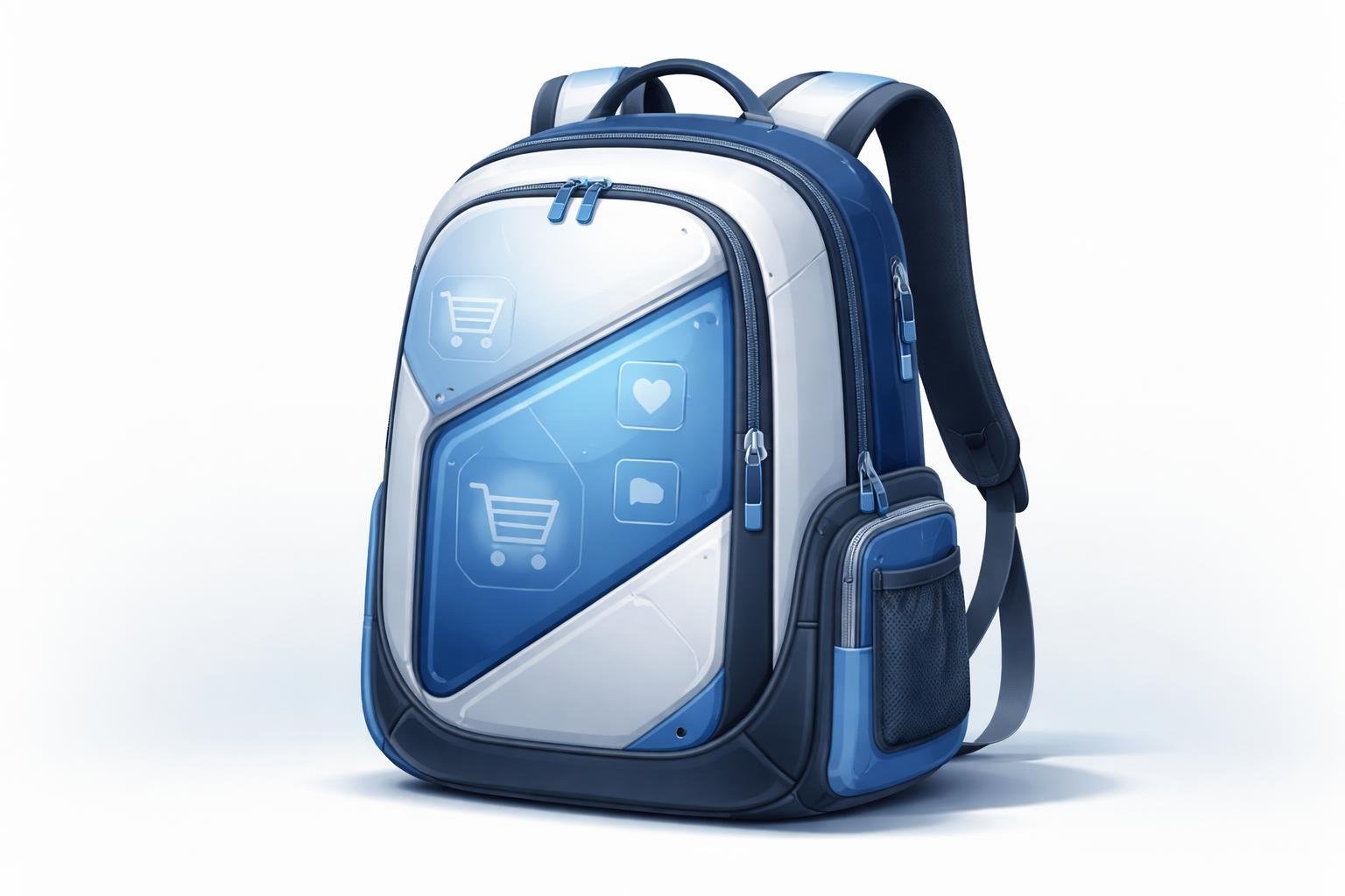 A modern backpack with multiple compartments and tech-inspired design details on a simple background.