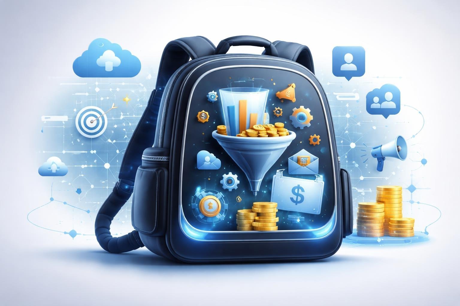 A digital backpack filled with marketing tools and surrounded by interconnected icons representing affiliate management and online business integration.