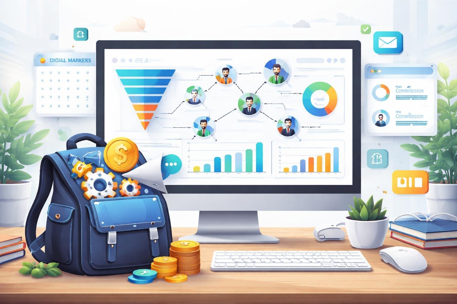 A workspace showing a computer screen with charts and flowcharts representing sales funnels and affiliate management, surrounded by icons symbolizing digital tools and collaboration.