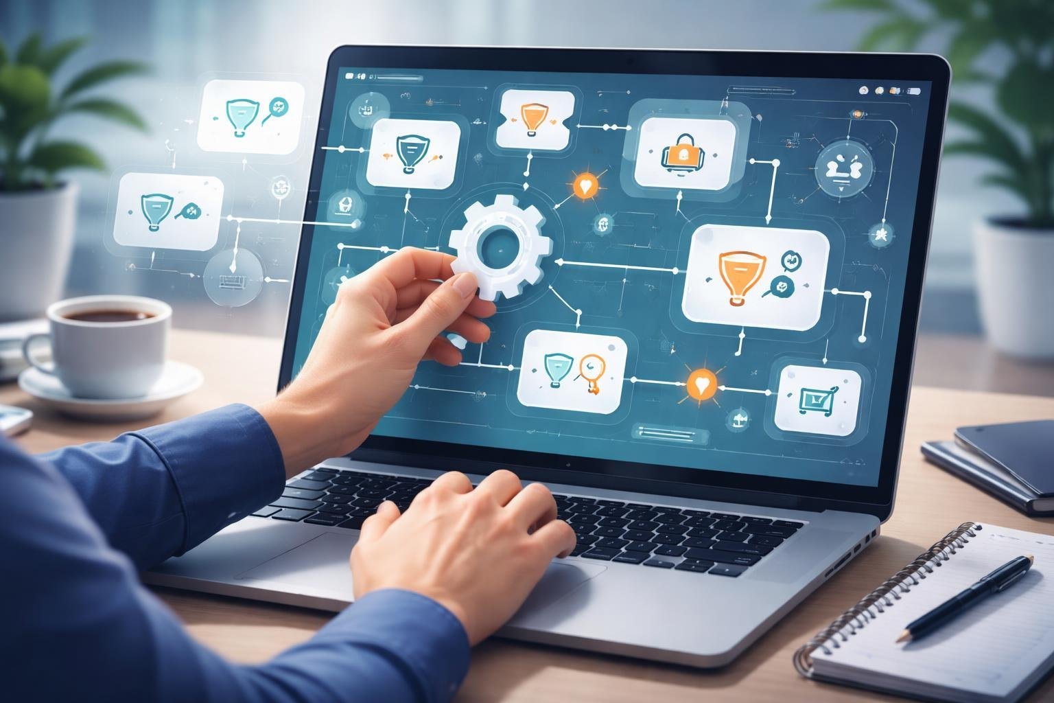 A person working on a laptop, adjusting settings on a digital marketing dashboard with flowcharts and interconnected nodes on the screen.