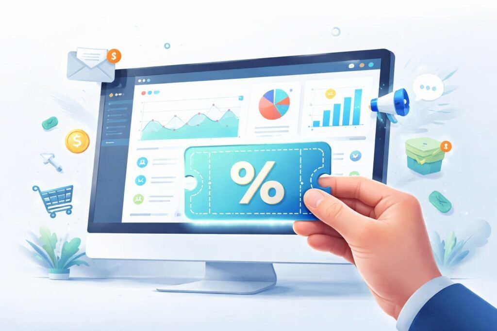 A hand holding a glowing digital coupon in front of a computer screen showing marketing charts and icons.