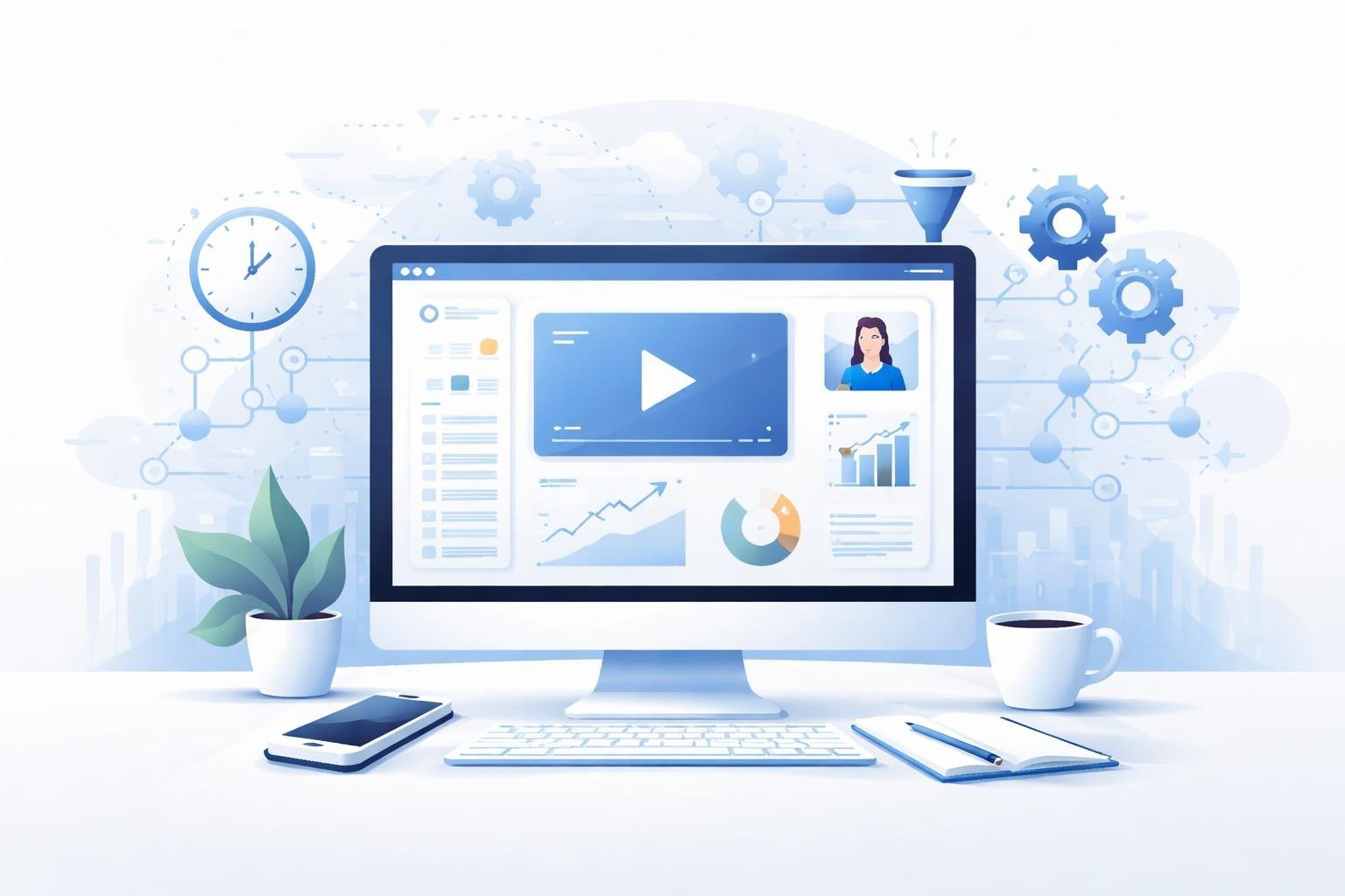 A computer screen showing a webinar interface with charts and a play button, surrounded by icons representing automation, gears, and connected nodes.