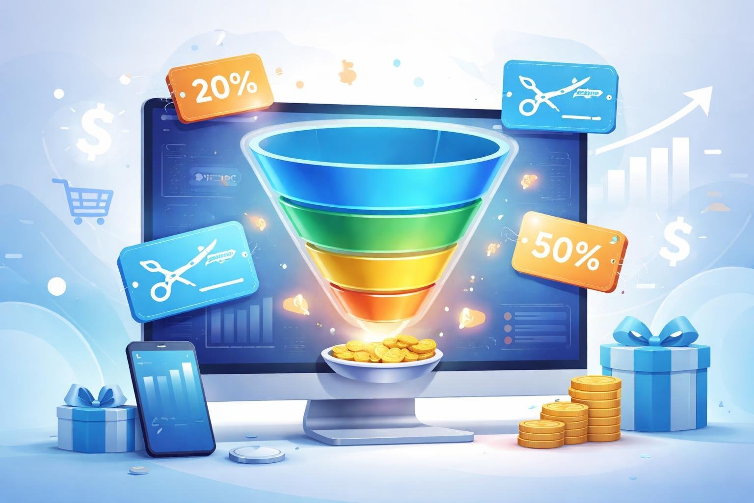 A computer screen showing a sales funnel graphic surrounded by discount tags and symbols of commerce like shopping carts and dollar signs.