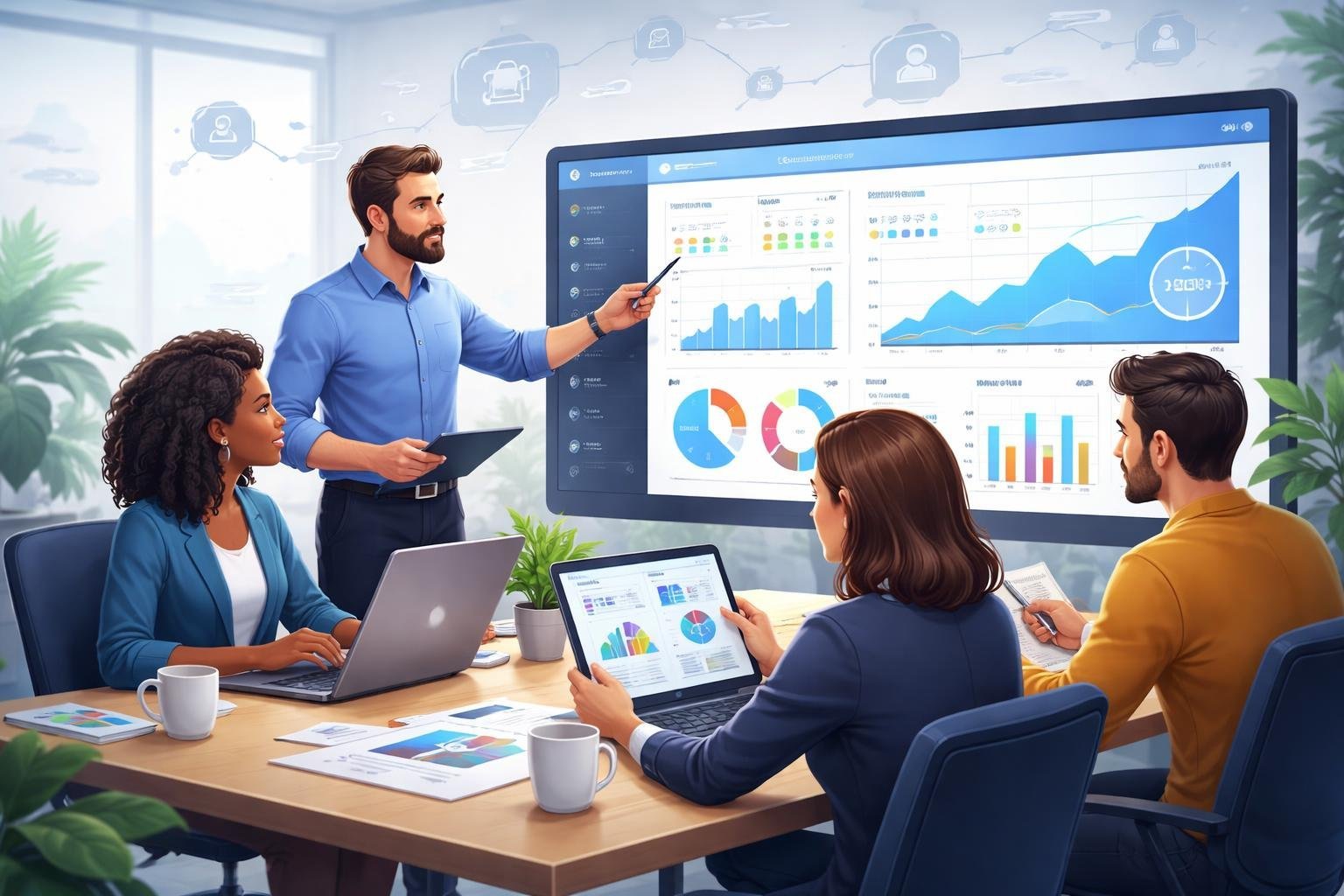A team of professionals collaborating around a digital dashboard showing affiliate marketing performance charts and graphs in an office setting.