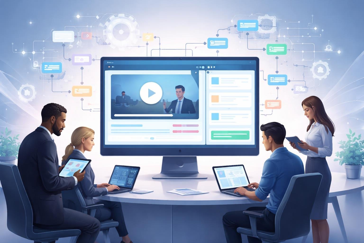 People using digital devices to watch and manage an automated webinar on a large computer screen surrounded by abstract automation symbols.