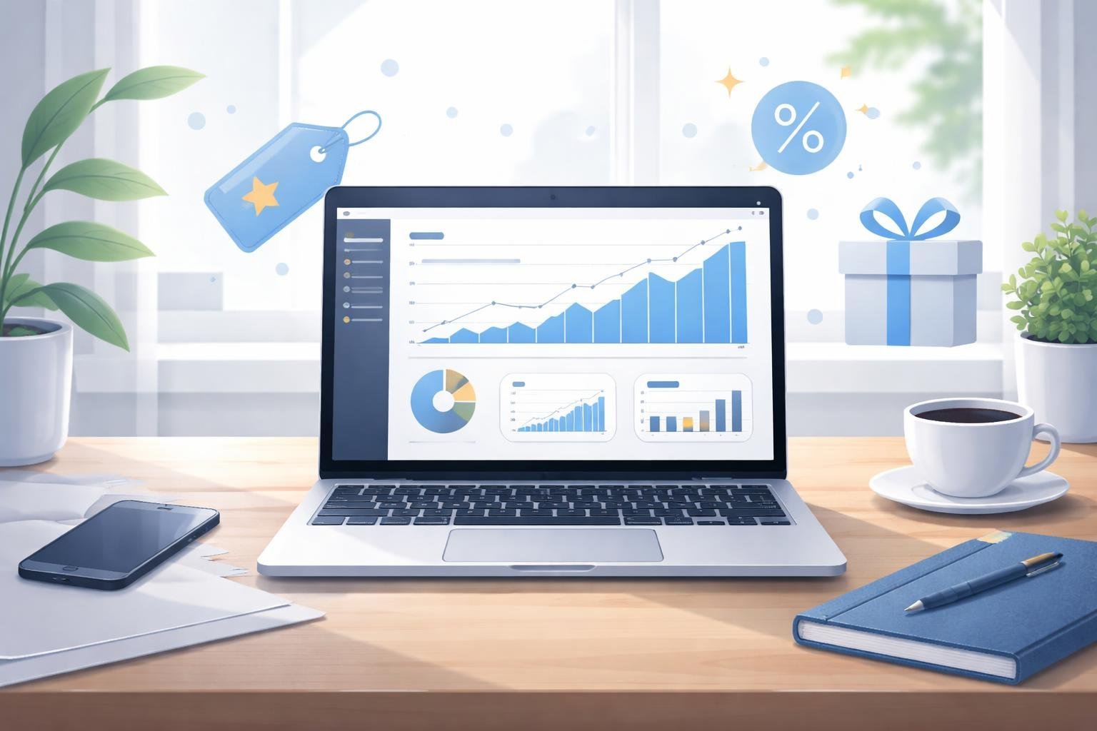 A modern workspace with a laptop showing sales charts, surrounded by icons representing discounts and promotions.