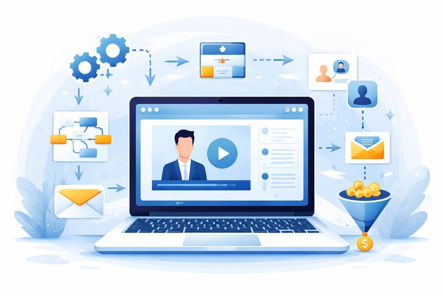 A digital workspace with a laptop showing a webinar interface surrounded by icons of gears, flowcharts, emails, and user avatars connected by arrows representing an automated webinar funnel process.