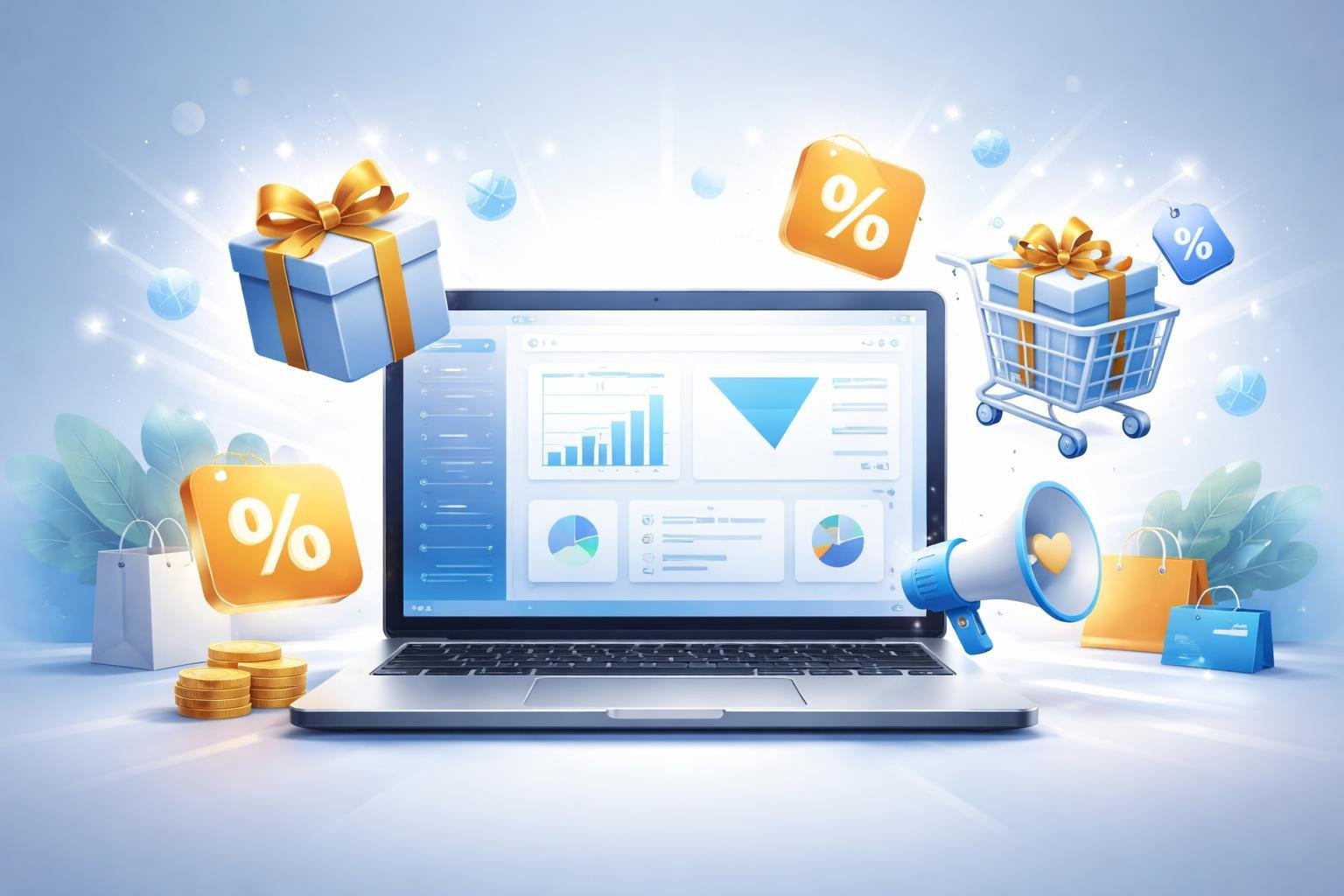 A digital workspace with a laptop showing marketing dashboards surrounded by icons representing discounts and special offers.