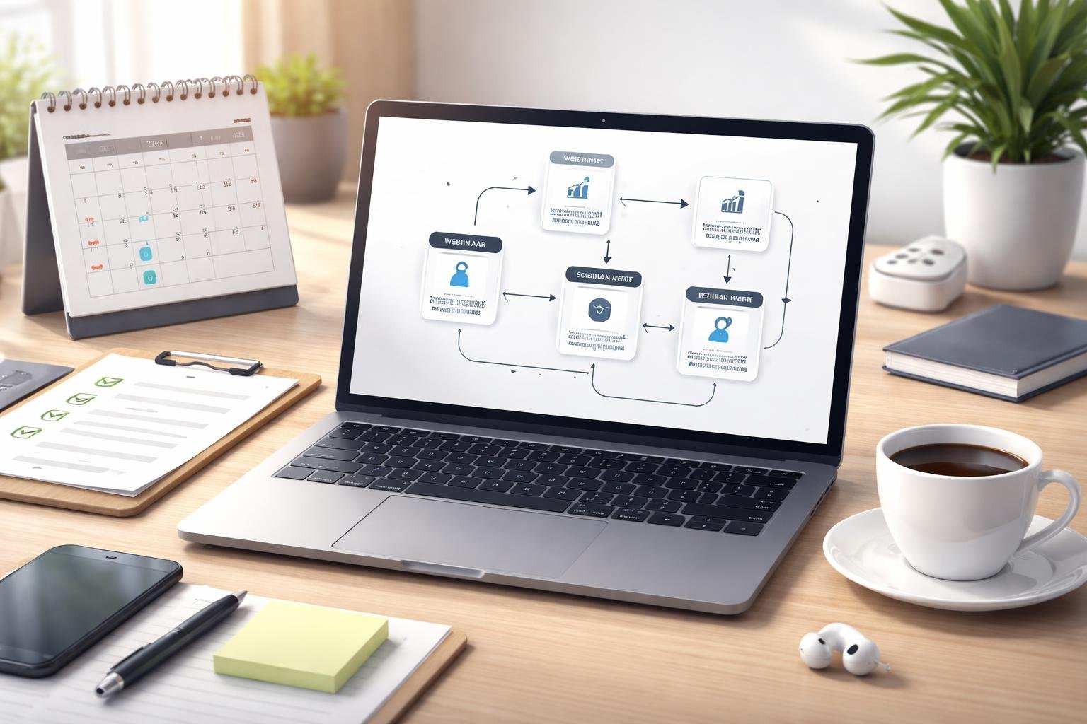 A workspace with a laptop showing a webinar setup diagram, a calendar, checklist, and office supplies on a clean desk.