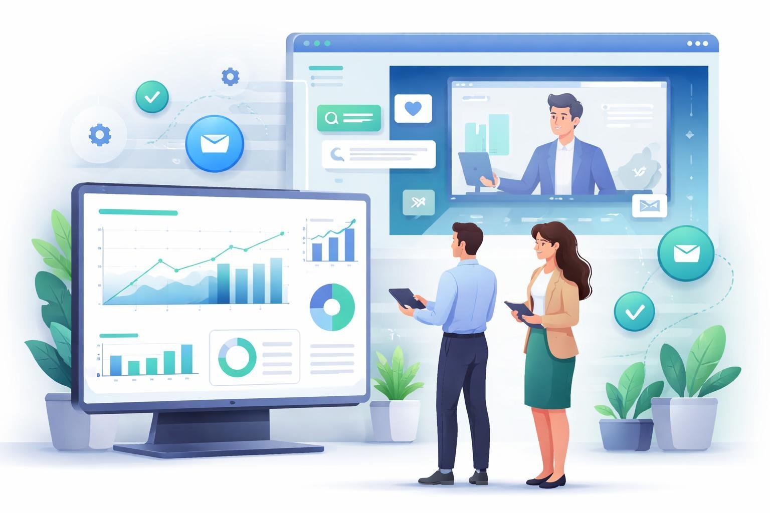 A group of professionals analyzing data and engagement metrics on a digital dashboard during an automated webinar.