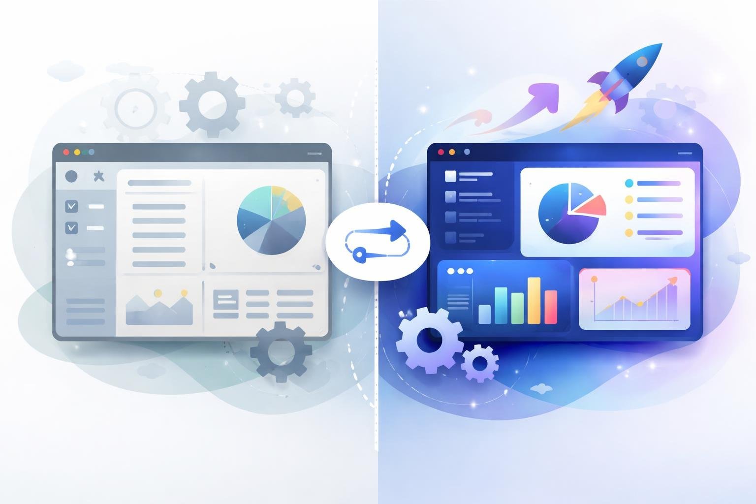 A split digital illustration comparing two software versions, showing a traditional design on the left and a modern, upgraded design on the right.