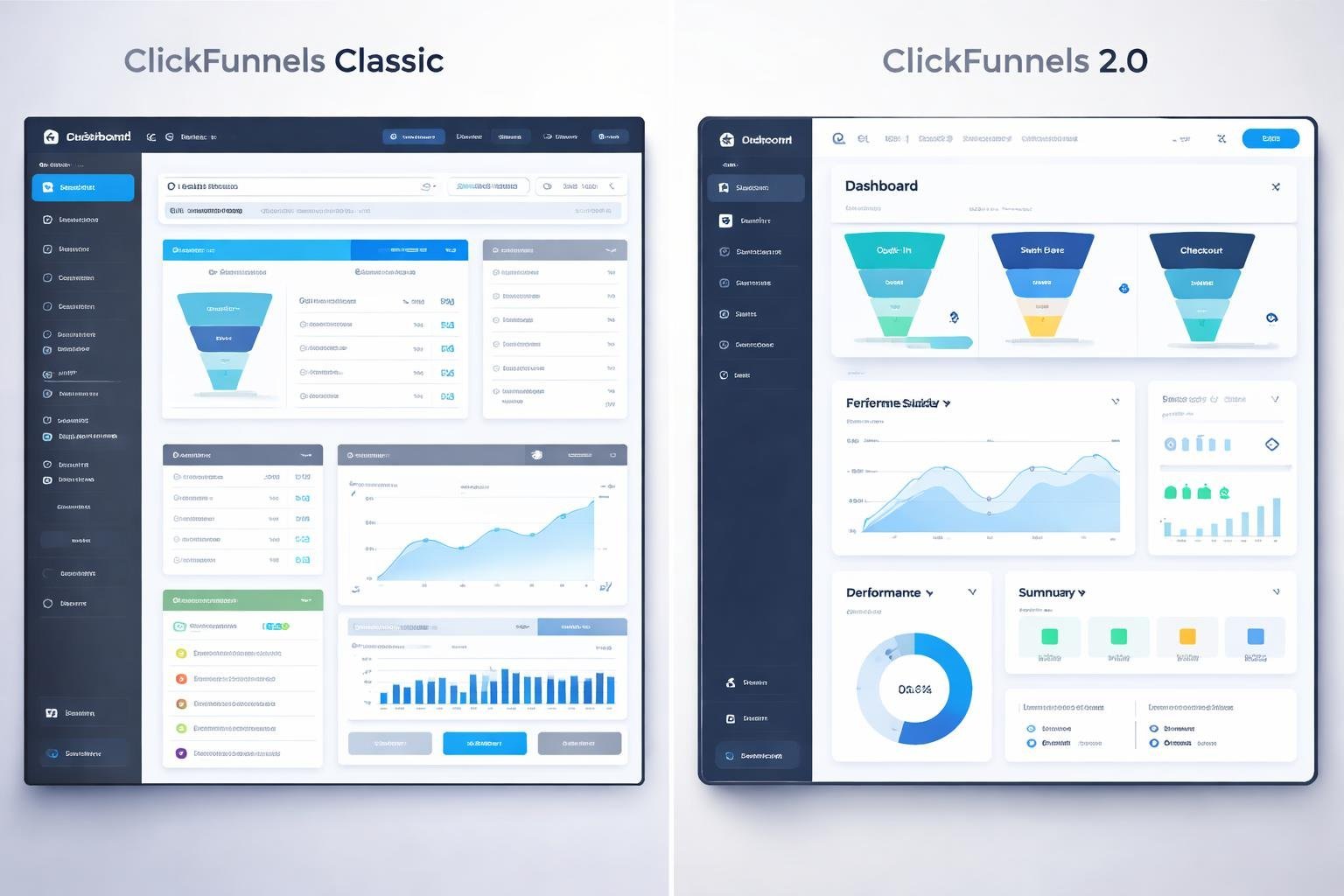 Side-by-side comparison of two software dashboards showing an older, cluttered interface on the left and a modern, streamlined interface on the right.