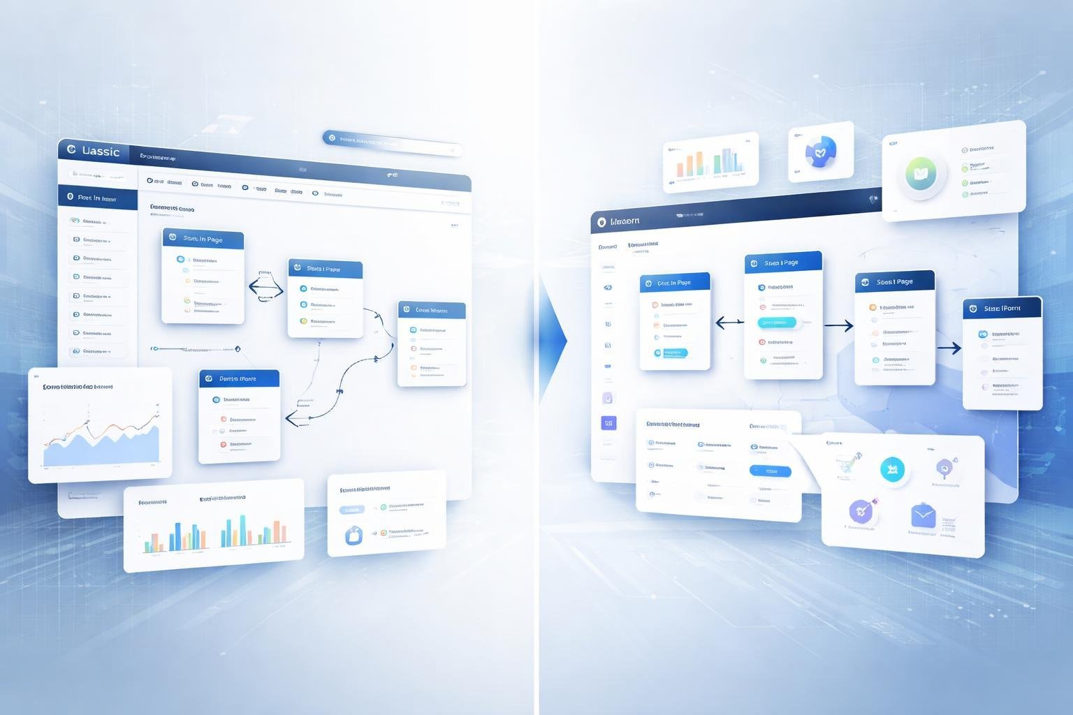 A side-by-side comparison of two digital funnel building interfaces, showing an older classic version on the left and a modern updated version on the right, with visual elements representing marketing funnels and data analytics.