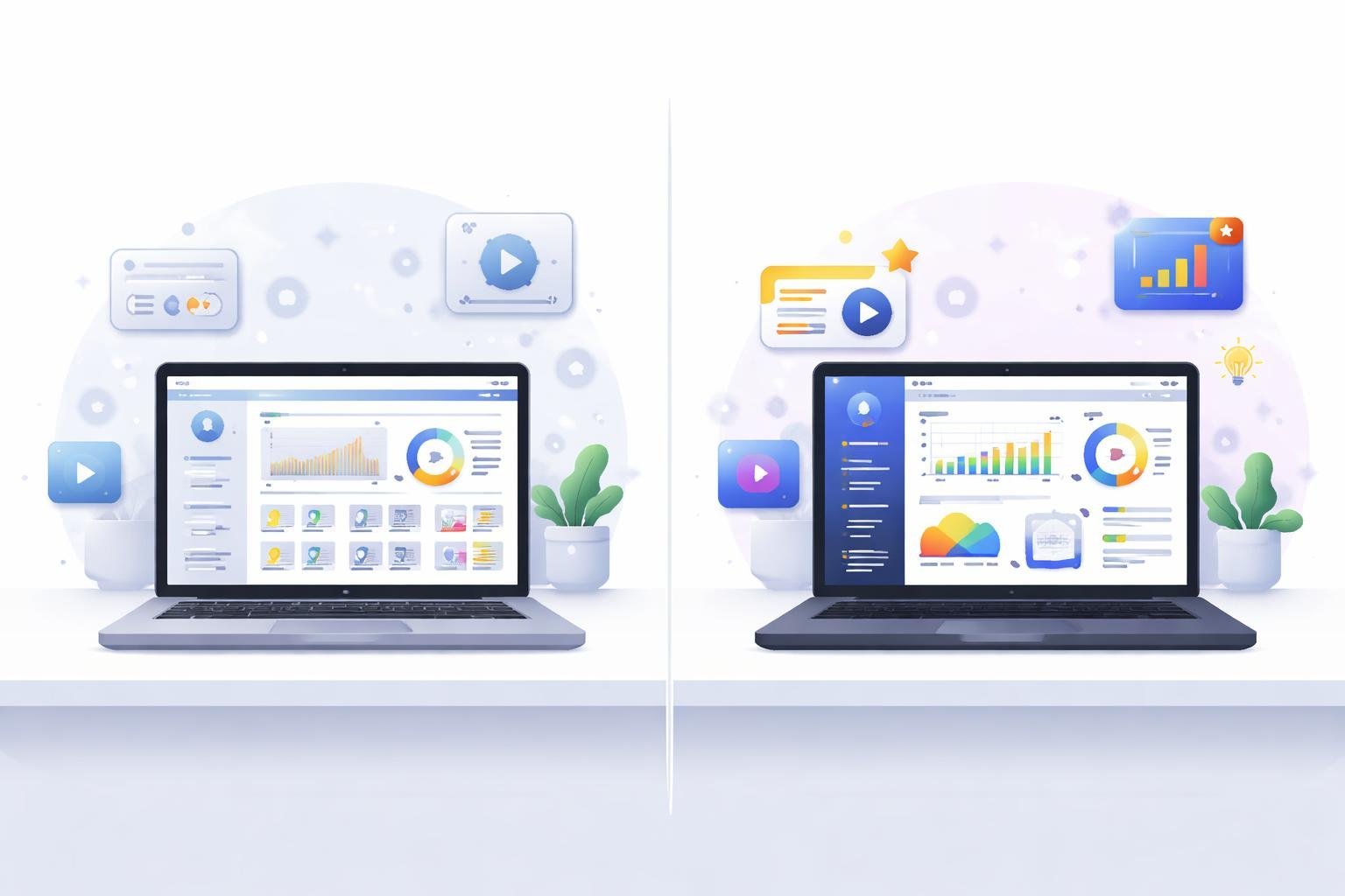 Two computer screens side by side showing different digital dashboards representing membership and course features, with icons indicating user engagement and progress.