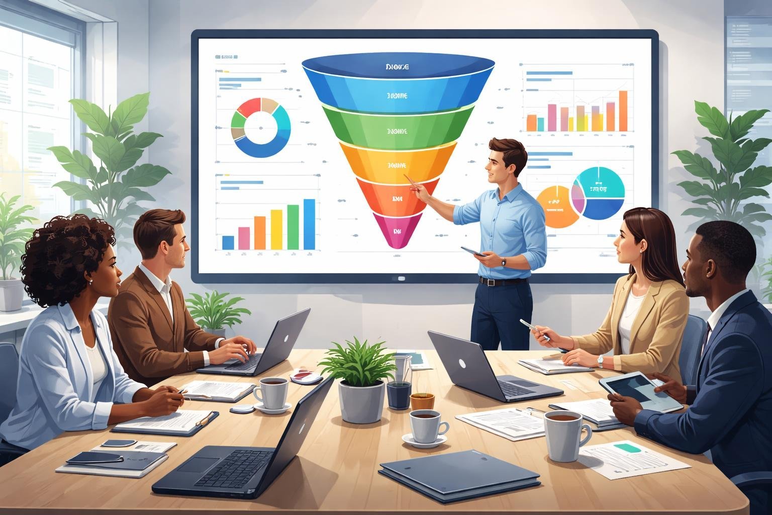 A group of professionals analyzing charts and data on a large screen in an office setting, discussing marketing strategies.