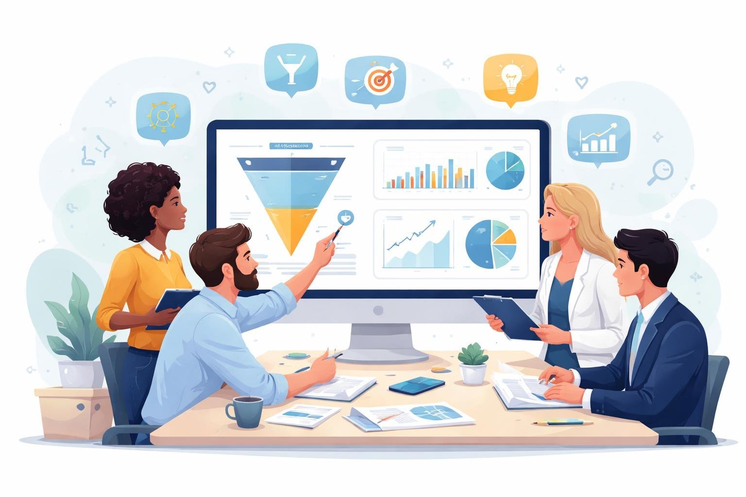 A group of professionals discussing data and charts on a computer screen at an office desk.