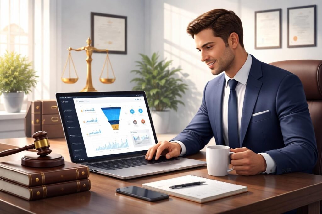 A lawyer working at a desk with a laptop showing a marketing dashboard, surrounded by legal items like a gavel, law books, and scales of justice.