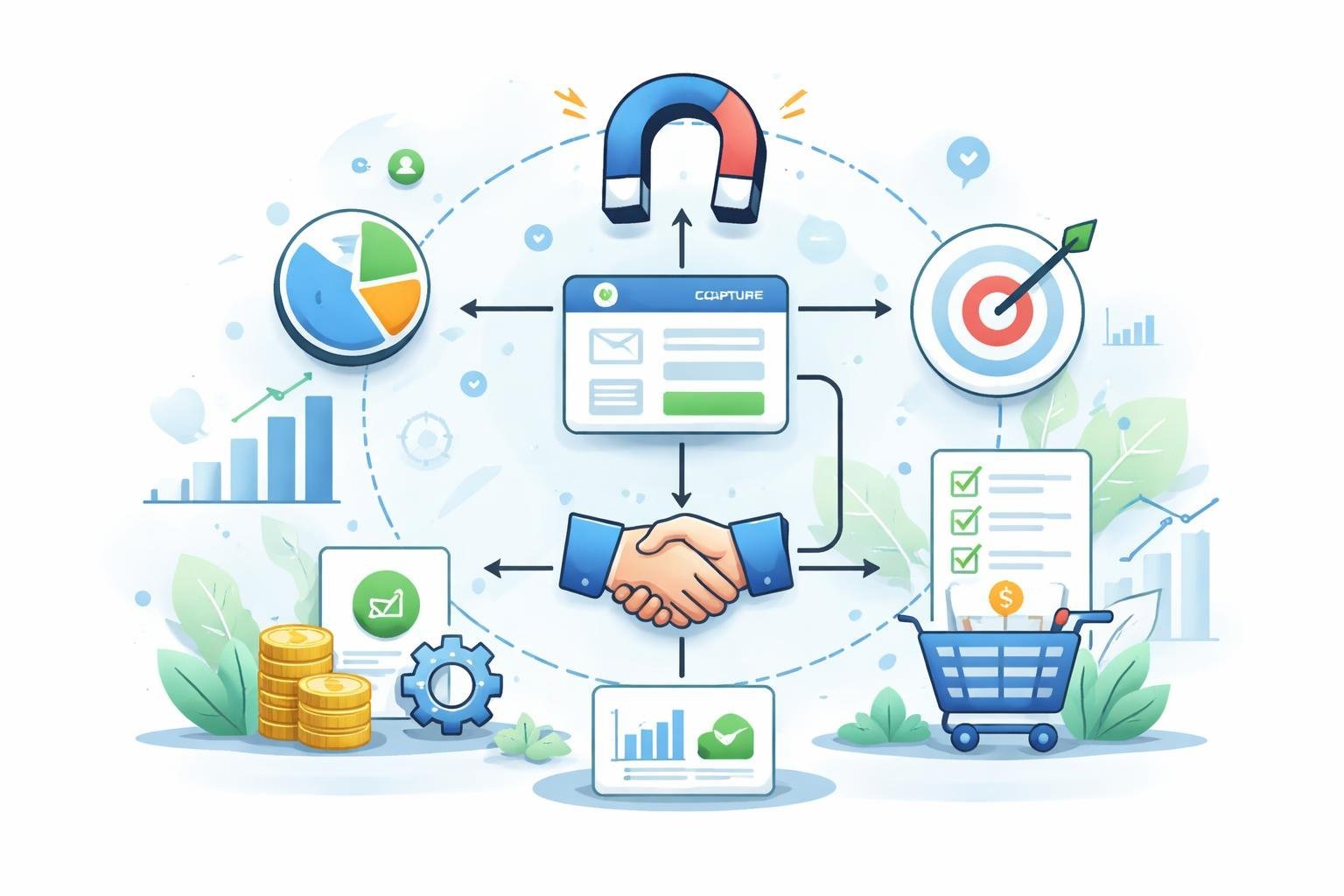 An illustration showing a sales funnel with stages represented by icons like a magnet, form, handshake, and shopping cart, surrounded by graphs and user icons indicating successful sales process.