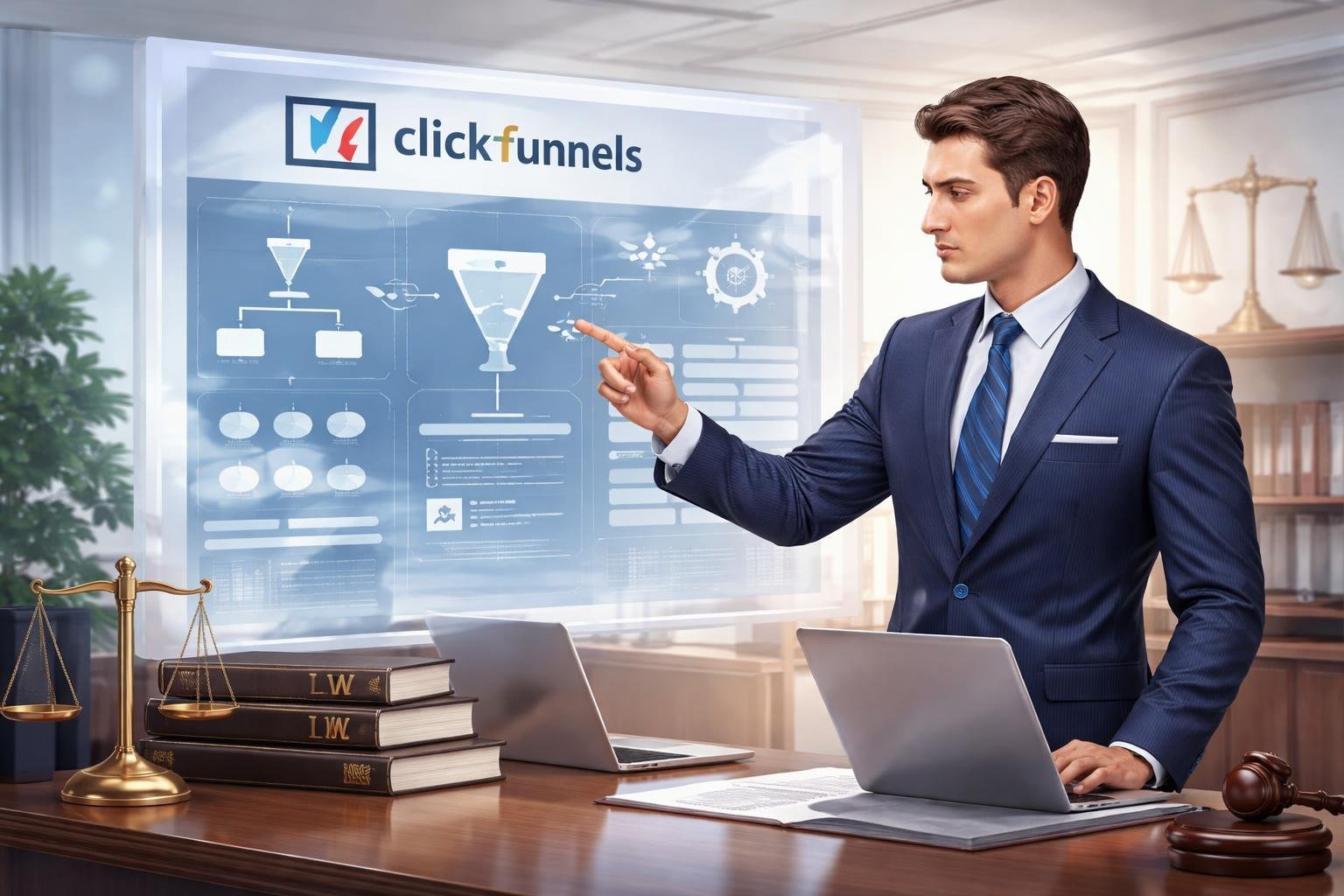 A lawyer in an office using a digital touchscreen showing flowcharts and funnel diagrams with legal books and symbols around.