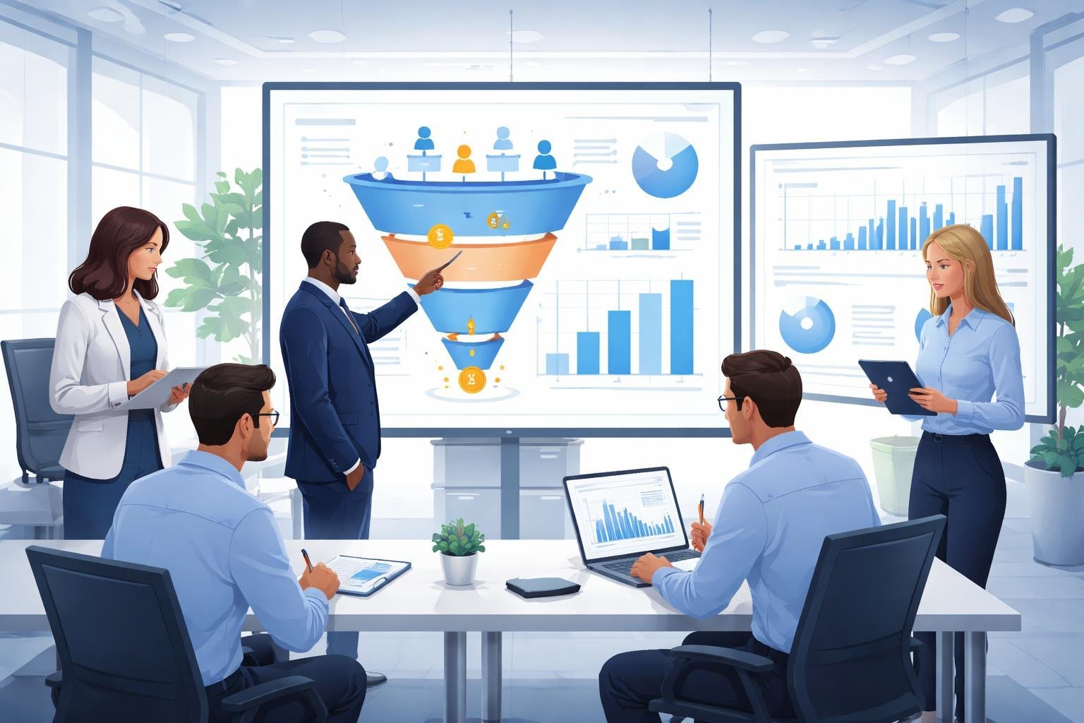 A group of professionals collaborating in a modern office, analyzing charts and sales funnel diagrams on digital screens.
