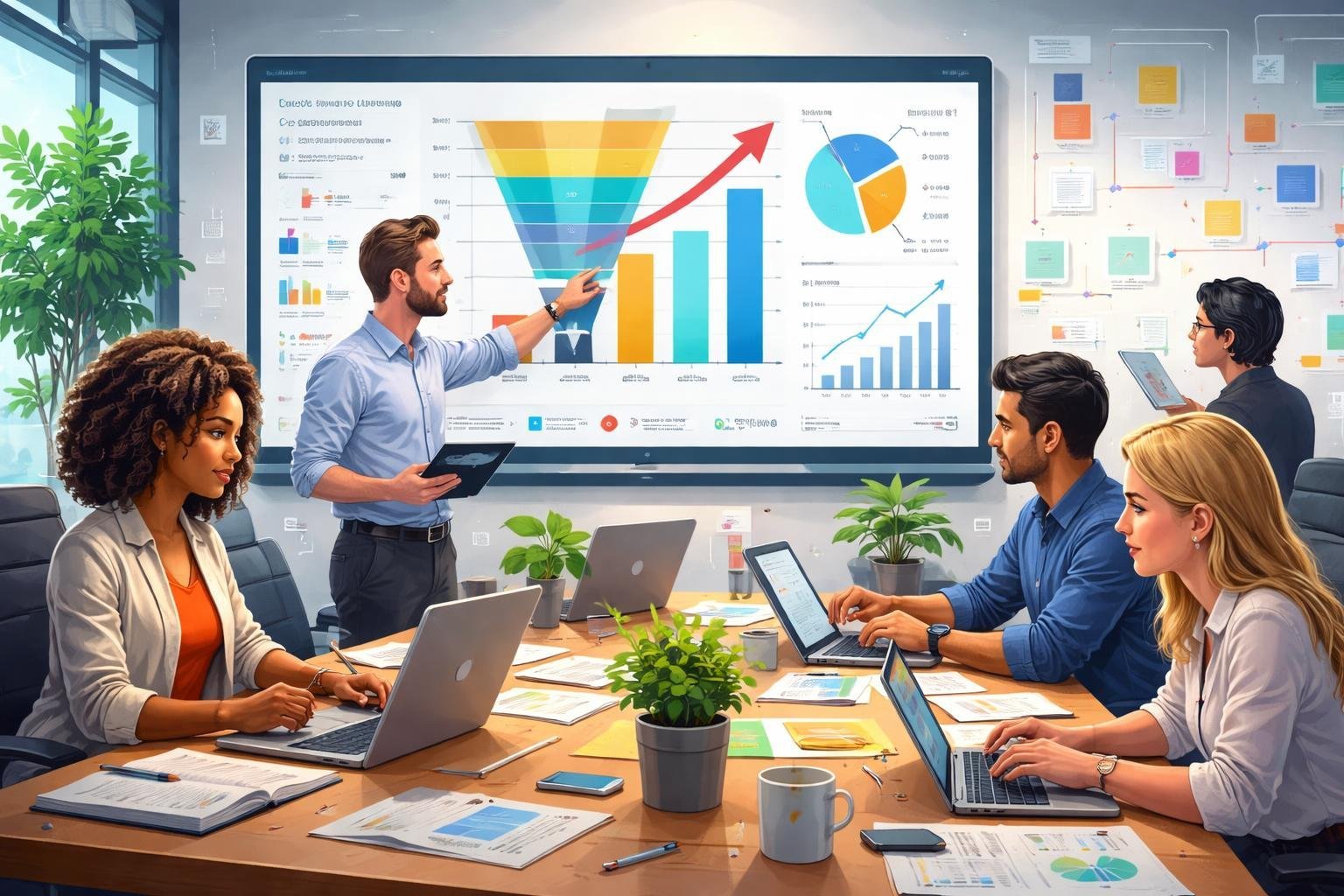 A team of professionals working together around a digital dashboard showing graphs and funnel diagrams in an office setting.