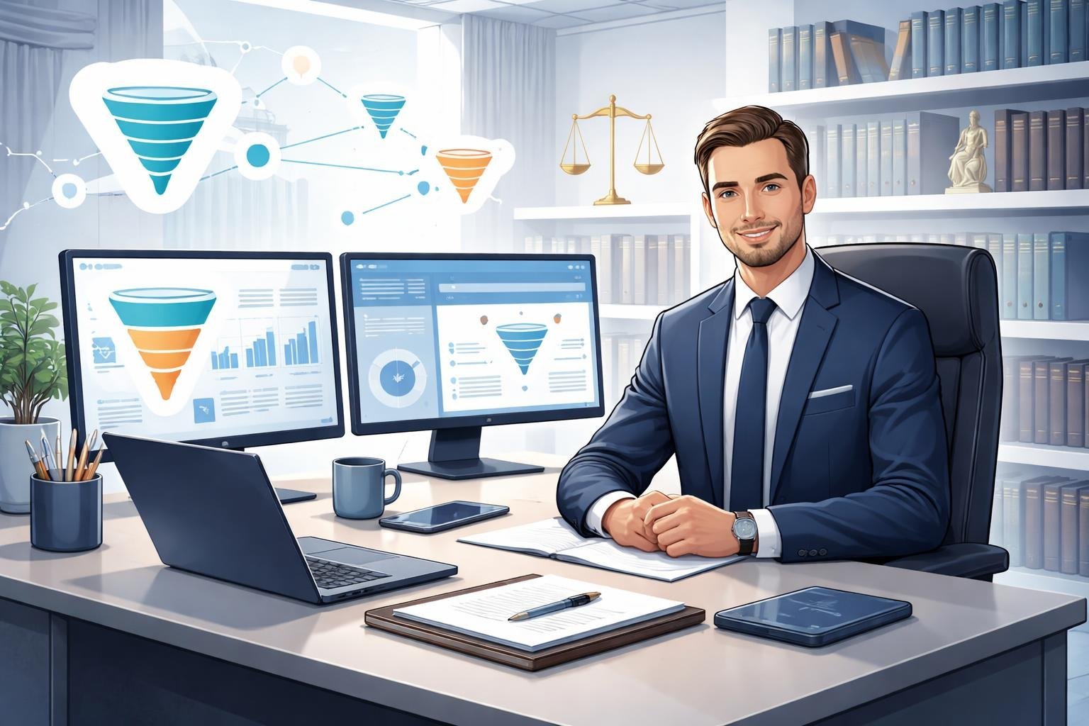 A lawyer working at a desk with computer screens showing charts and marketing funnels, surrounded by legal books and symbols.