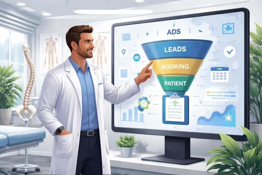 A chiropractor in a clinic using a large touchscreen displaying a digital sales funnel with healthcare-related elements around.