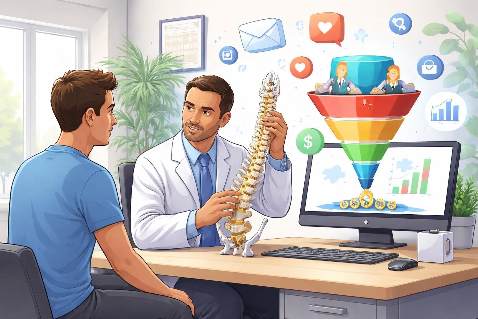 A chiropractor consulting a patient with a spine model, next to a computer showing a funnel diagram, surrounded by digital marketing icons.