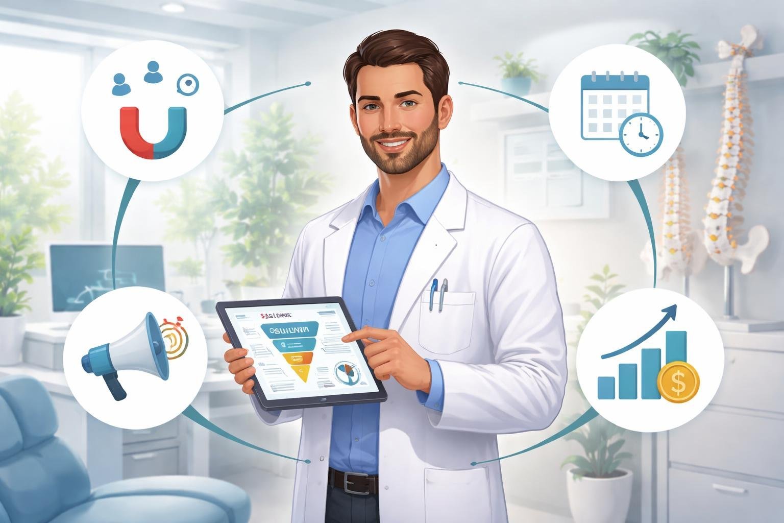 A chiropractor using a digital tablet with charts and icons representing patient engagement and business growth in a clinic setting.