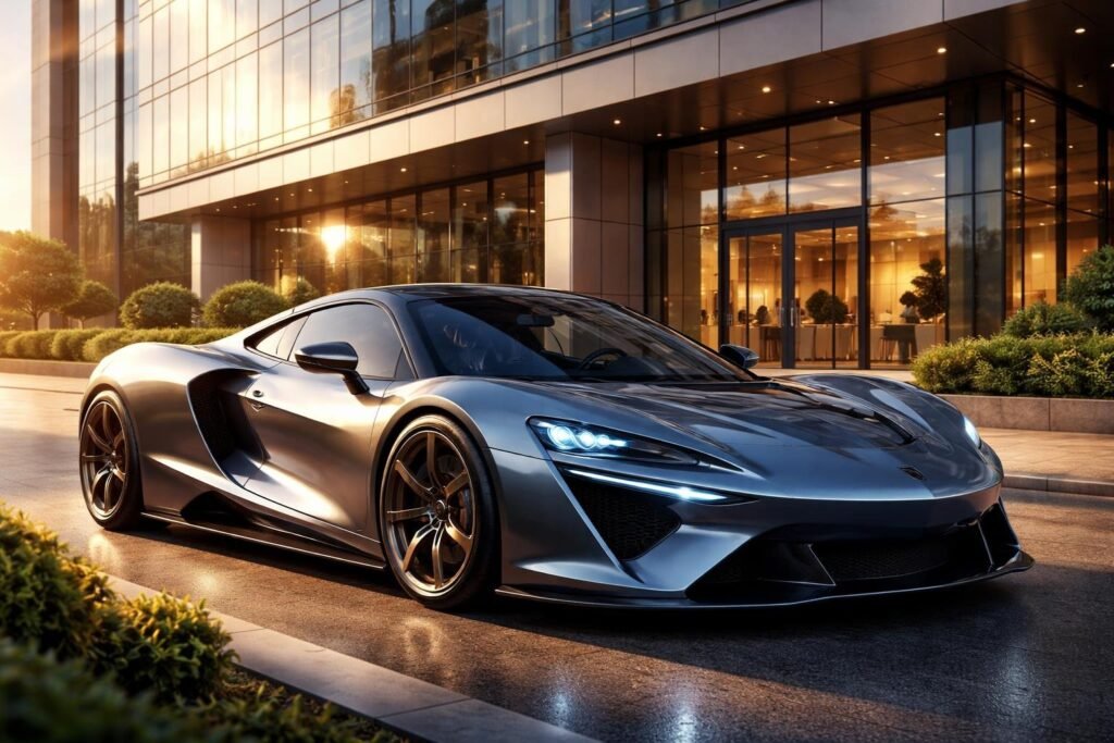 A shiny futuristic sports car parked outside a modern office building during sunset.
