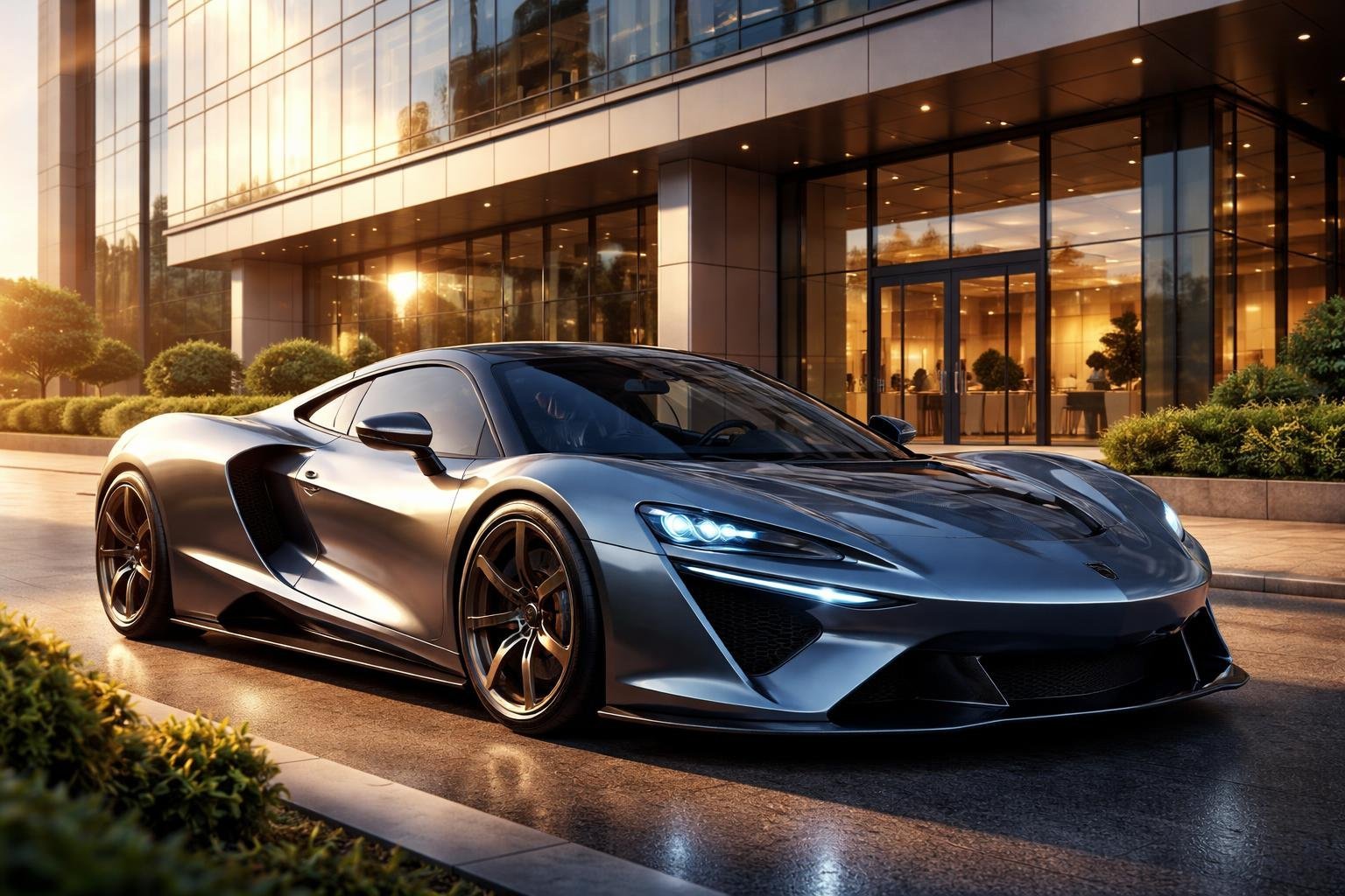 A shiny futuristic sports car parked outside a modern office building during sunset.
