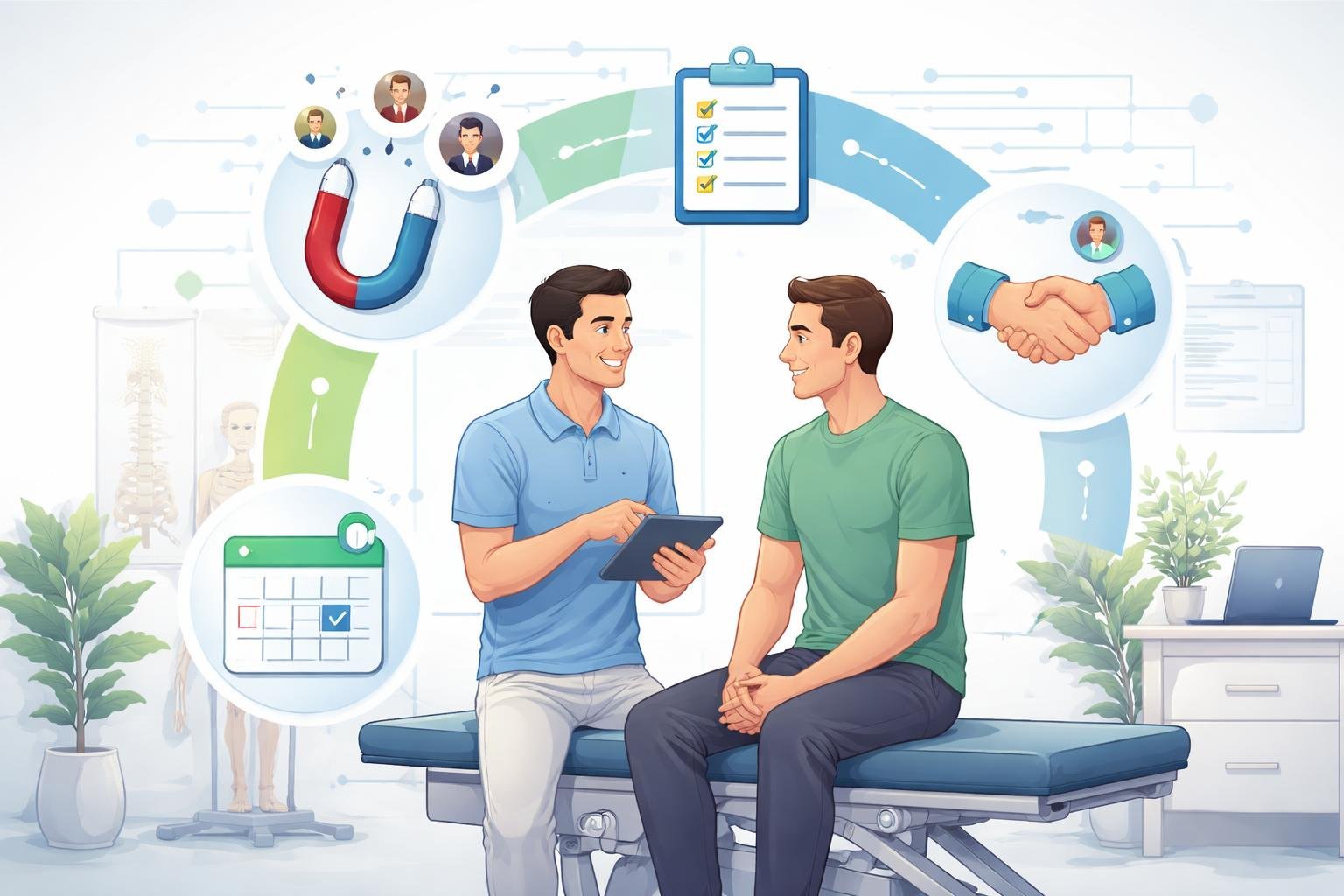 A chiropractor interacting with a patient in a clinic surrounded by icons representing different stages of a marketing funnel.