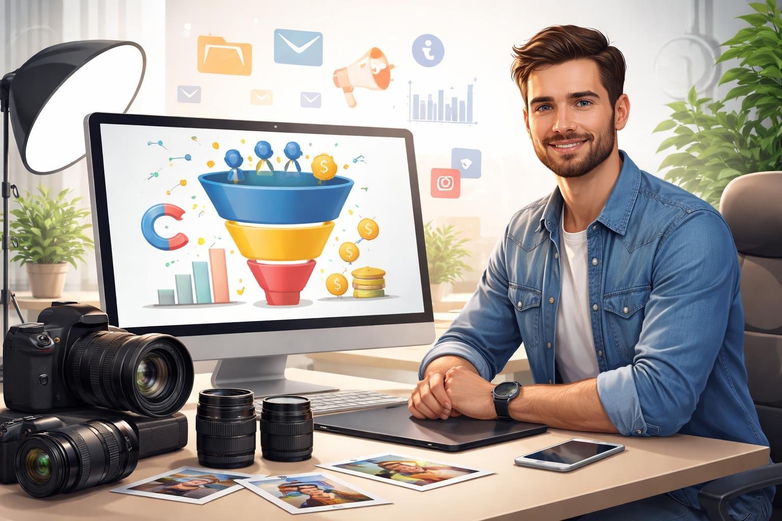A photographer working at a desk with a computer showing a colorful marketing funnel, surrounded by camera equipment and marketing icons.