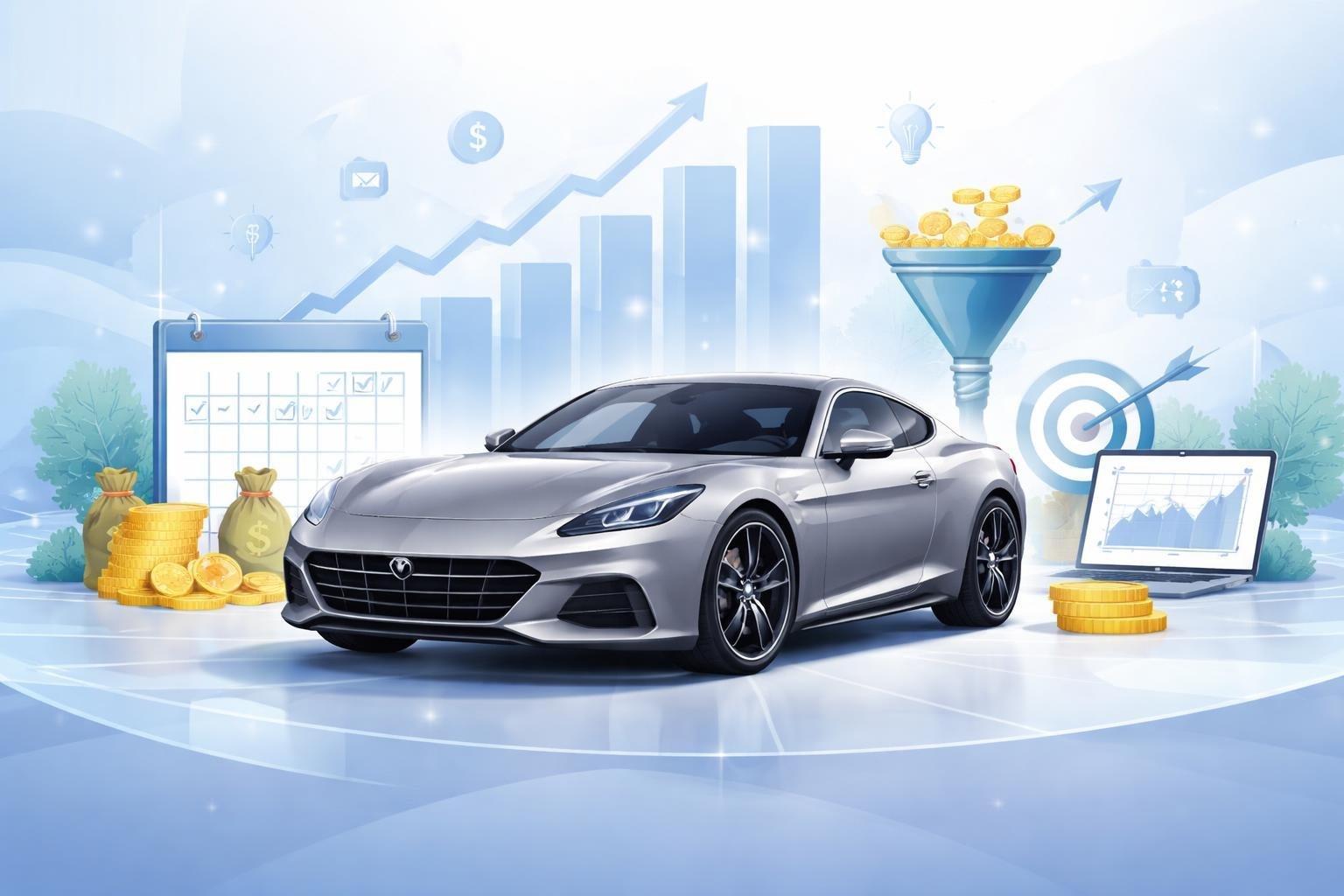 A luxury car surrounded by symbols of success and growth, including graphs and marketing icons, set against a clean, abstract background.