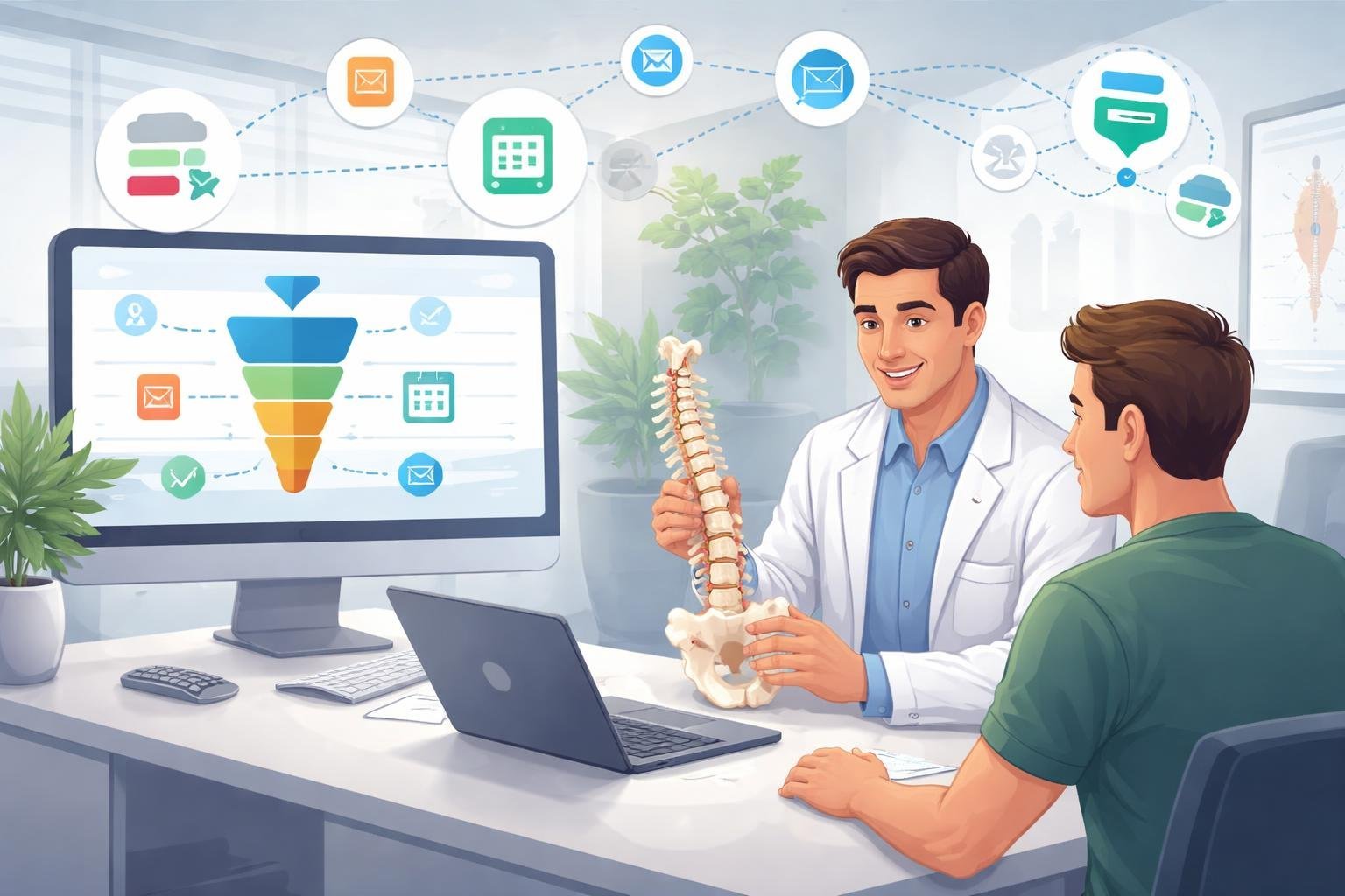 A chiropractor consulting a patient with digital marketing funnel elements and a computer screen showing an abstract funnel diagram in the background.