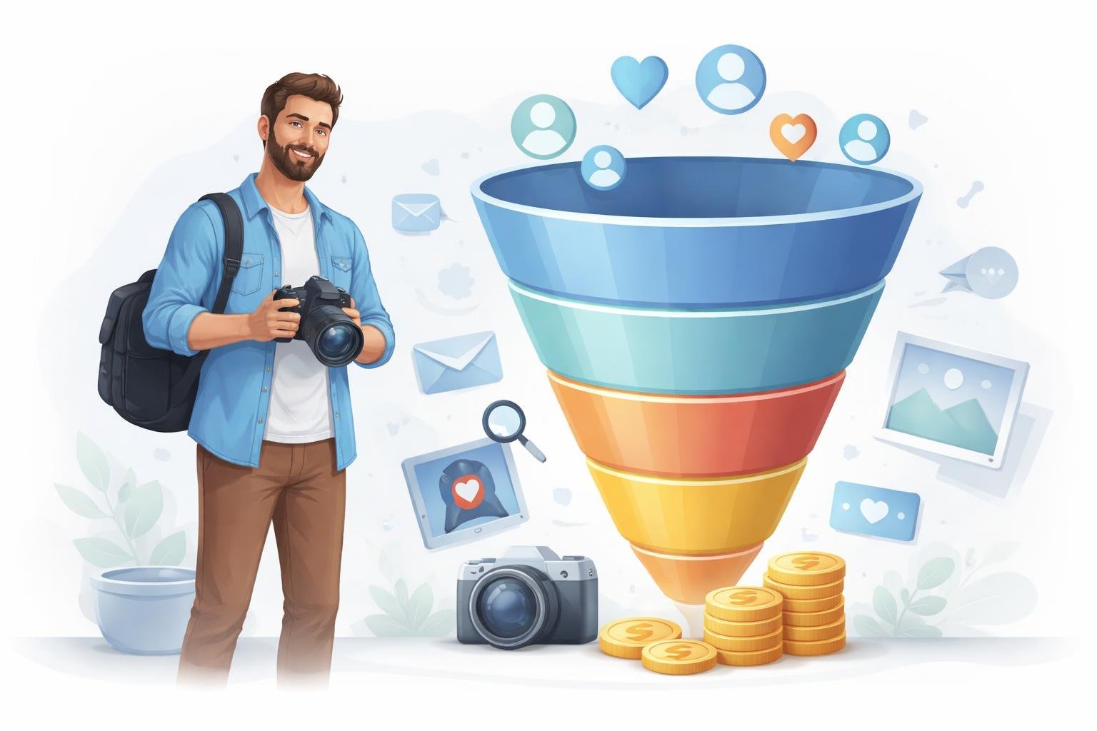 A photographer standing next to a multi-stage sales funnel with photography and marketing icons surrounding it.