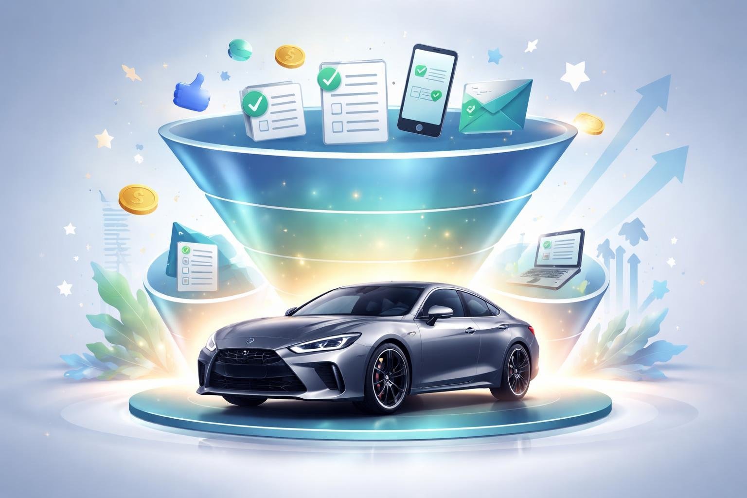 A luxury car surrounded by a stylized funnel with icons representing steps to qualify, symbolizing winning a dream car.