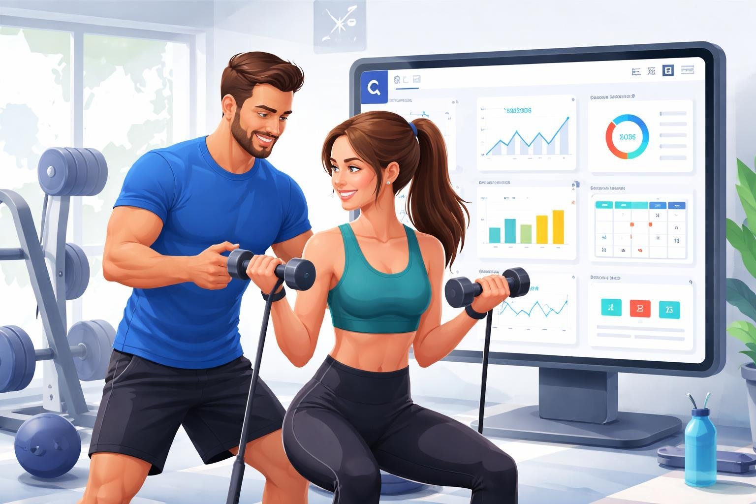 A personal trainer assisting a client with exercises in a gym, with a digital device showing progress charts and schedules in the background.