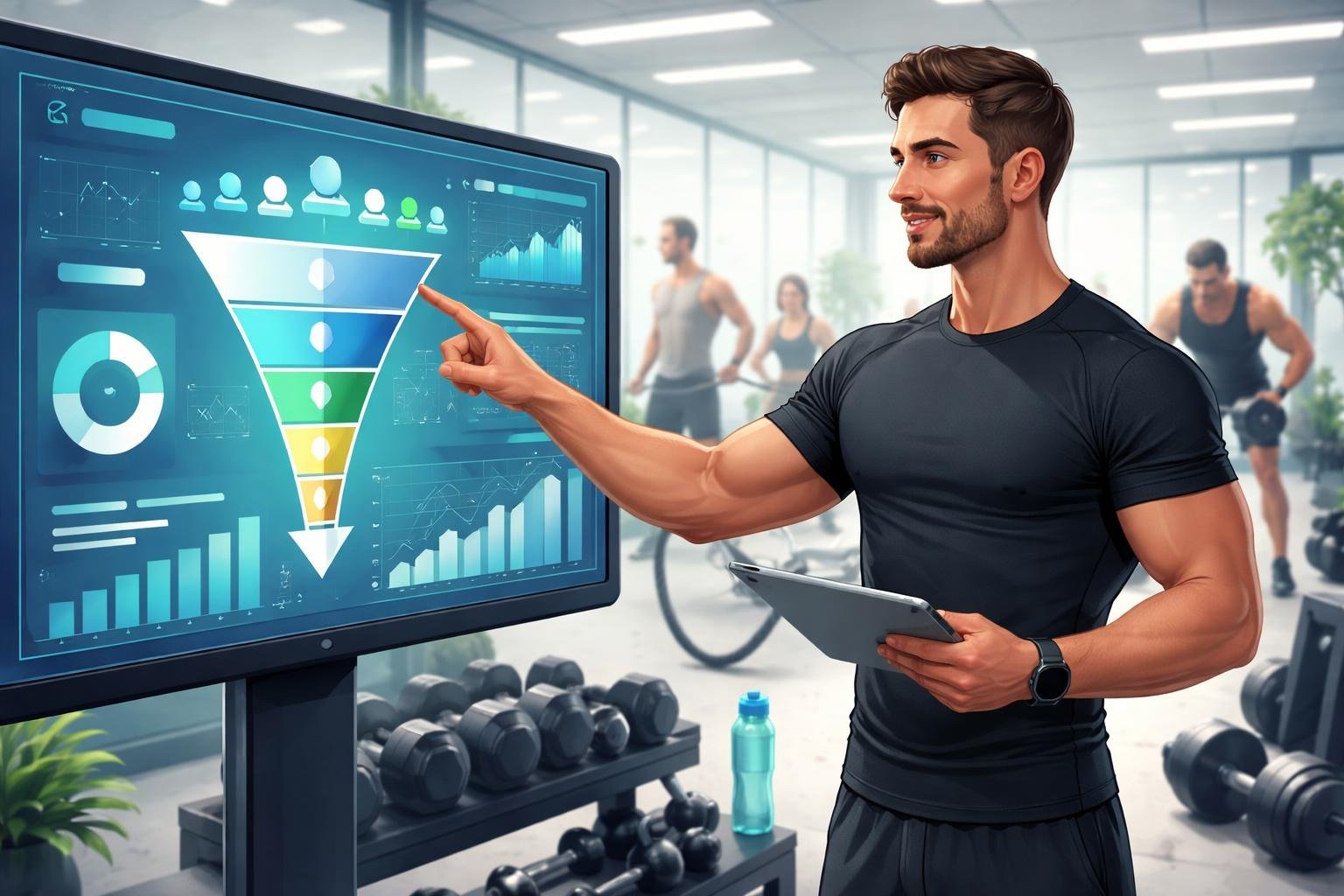 A personal trainer in a gym using a large digital touchscreen displaying marketing funnel graphics, surrounded by fitness equipment and clients working out.