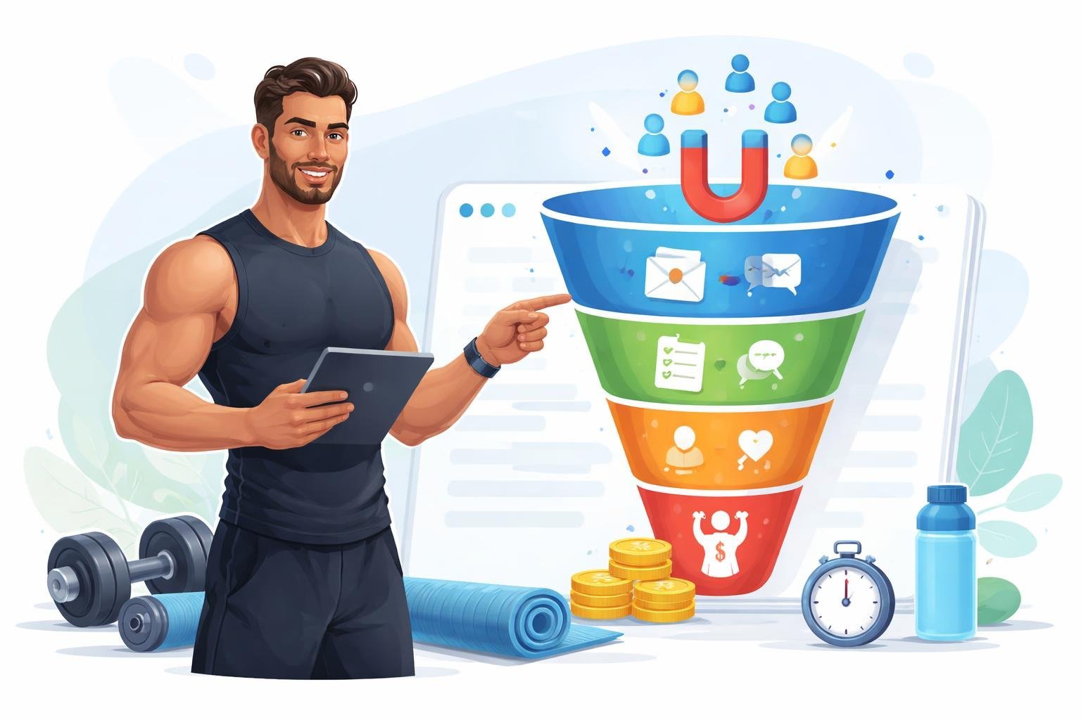 A personal trainer standing next to a colorful sales funnel graphic showing stages from potential clients to paying customers, surrounded by fitness equipment.