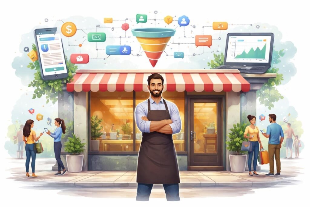 A local business owner stands in front of their storefront with customers and digital marketing symbols around them, showing online sales and customer engagement.