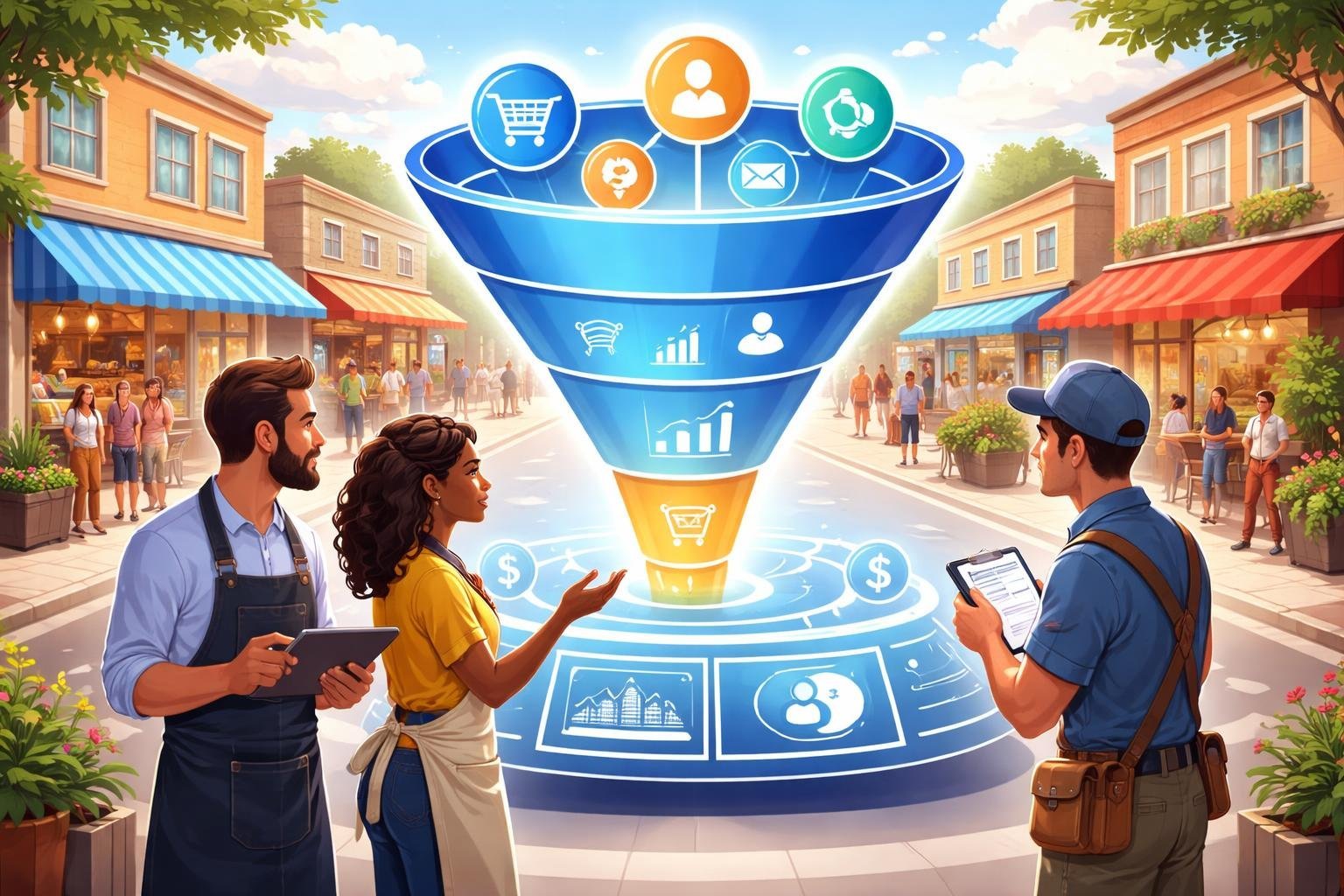 Local business owners interacting with a digital marketing funnel interface in a busy main street setting showing shops and customers.