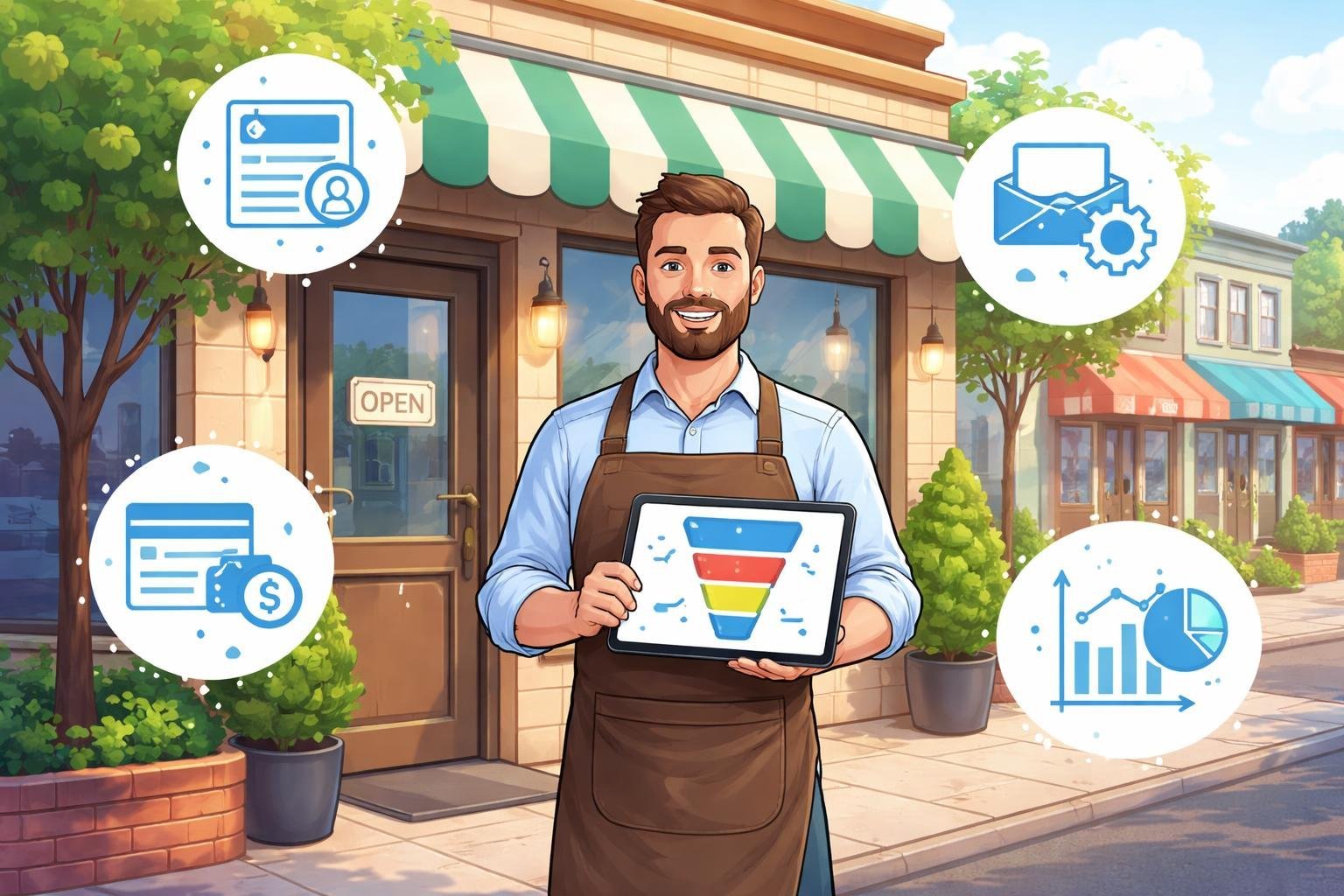 A local business owner outside their storefront holding a tablet showing a sales funnel diagram with icons representing marketing and sales tools around them.