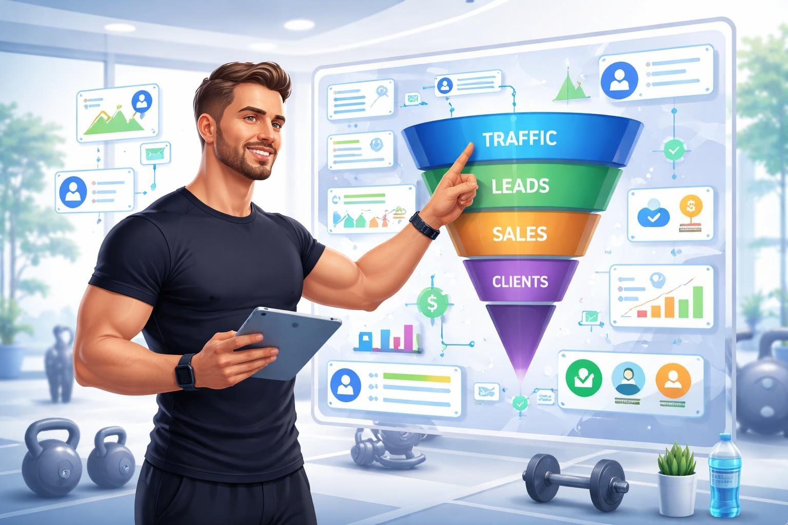 A personal trainer interacting with a digital sales funnel interface surrounded by fitness equipment and marketing icons.