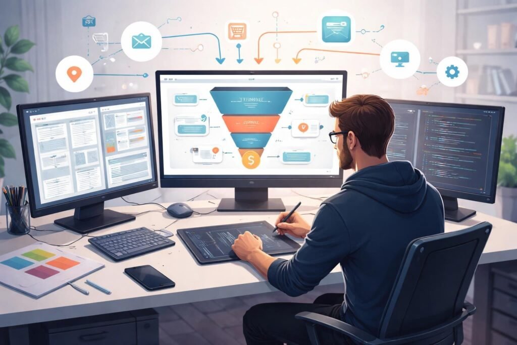 A web designer working at a desk with multiple screens showing webpage layouts and flowcharts representing a sales funnel.