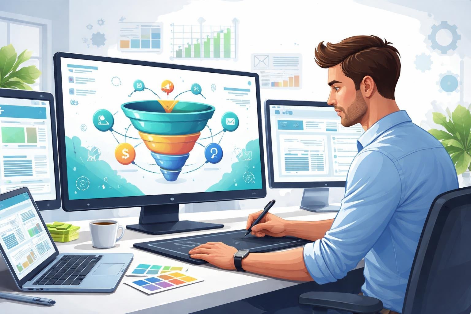A web designer working at a desk with multiple screens showing website layouts and a sales funnel interface, surrounded by digital marketing icons.