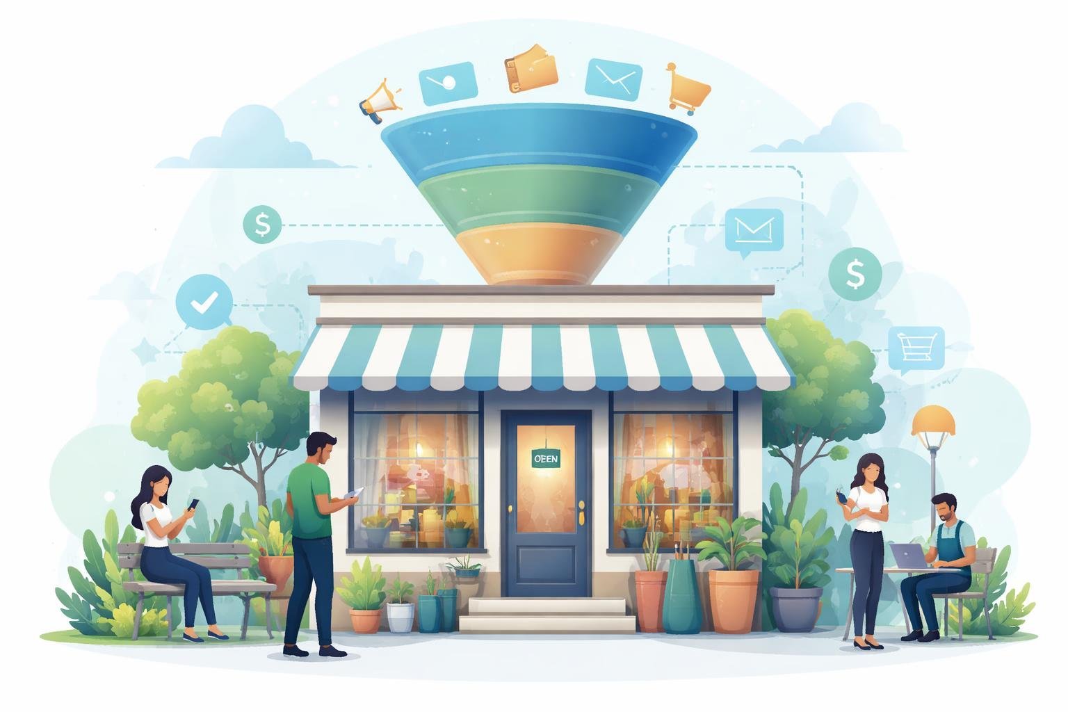 A local storefront with customers using digital devices nearby and a funnel-shaped graphic representing the sales process.